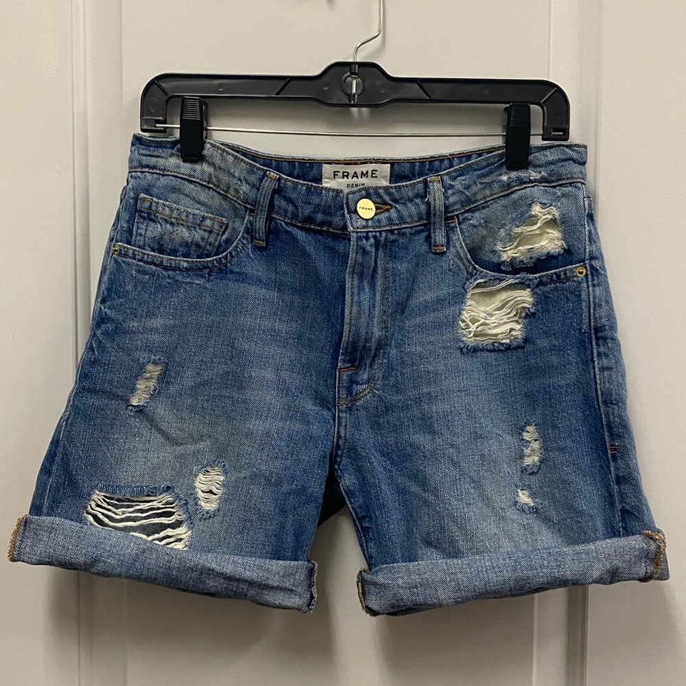FRAME Le Grand Garçon distressed denim shorts, 27